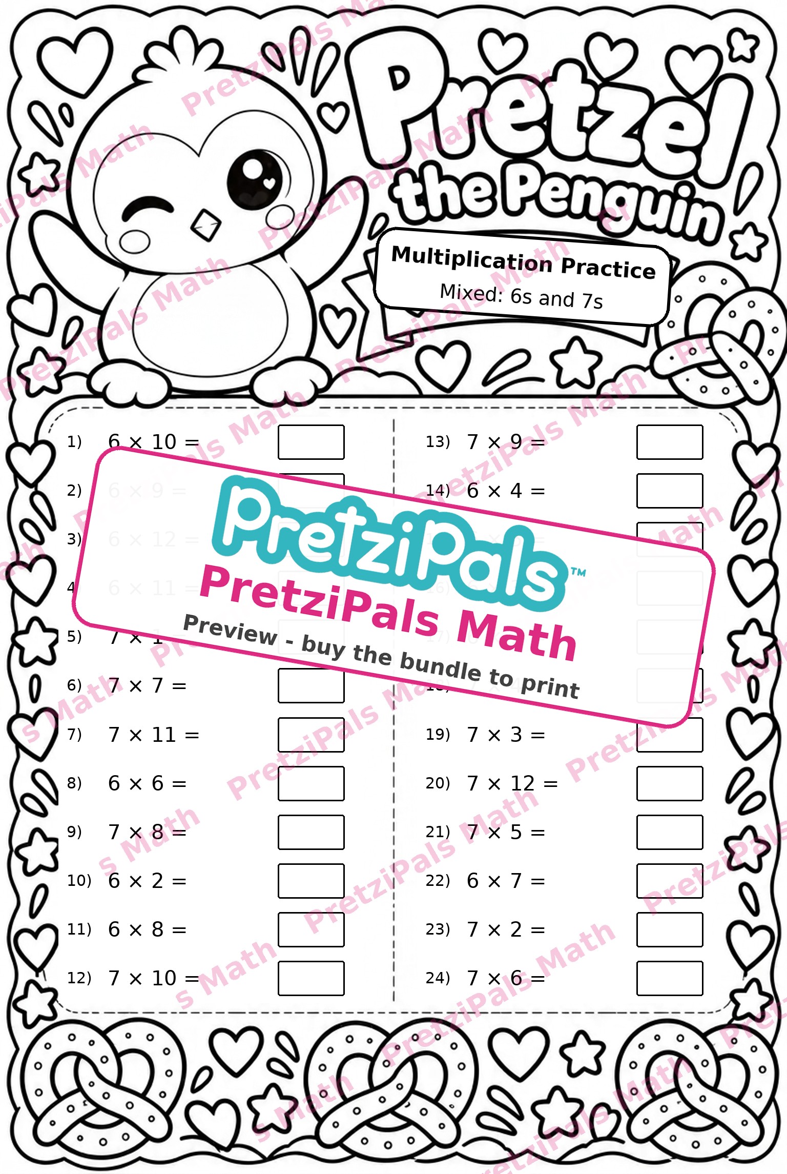 Scrambled Multiplication: 6s and 7s (Pretzel the Penguin) printable math worksheet