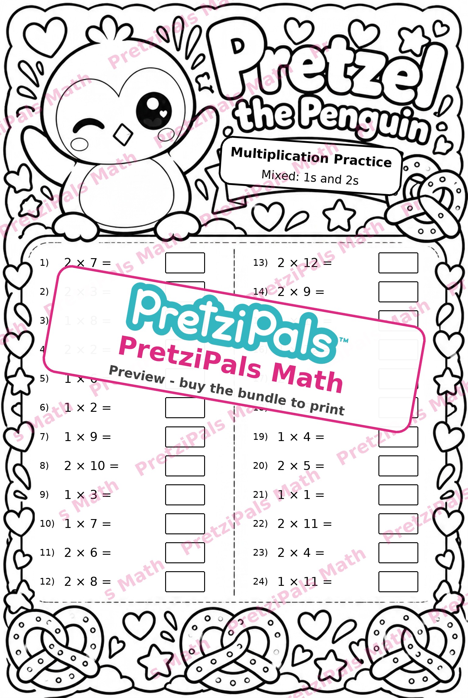 Scrambled Multiplication: 1s and 2s (Pretzel the Penguin) printable math worksheet