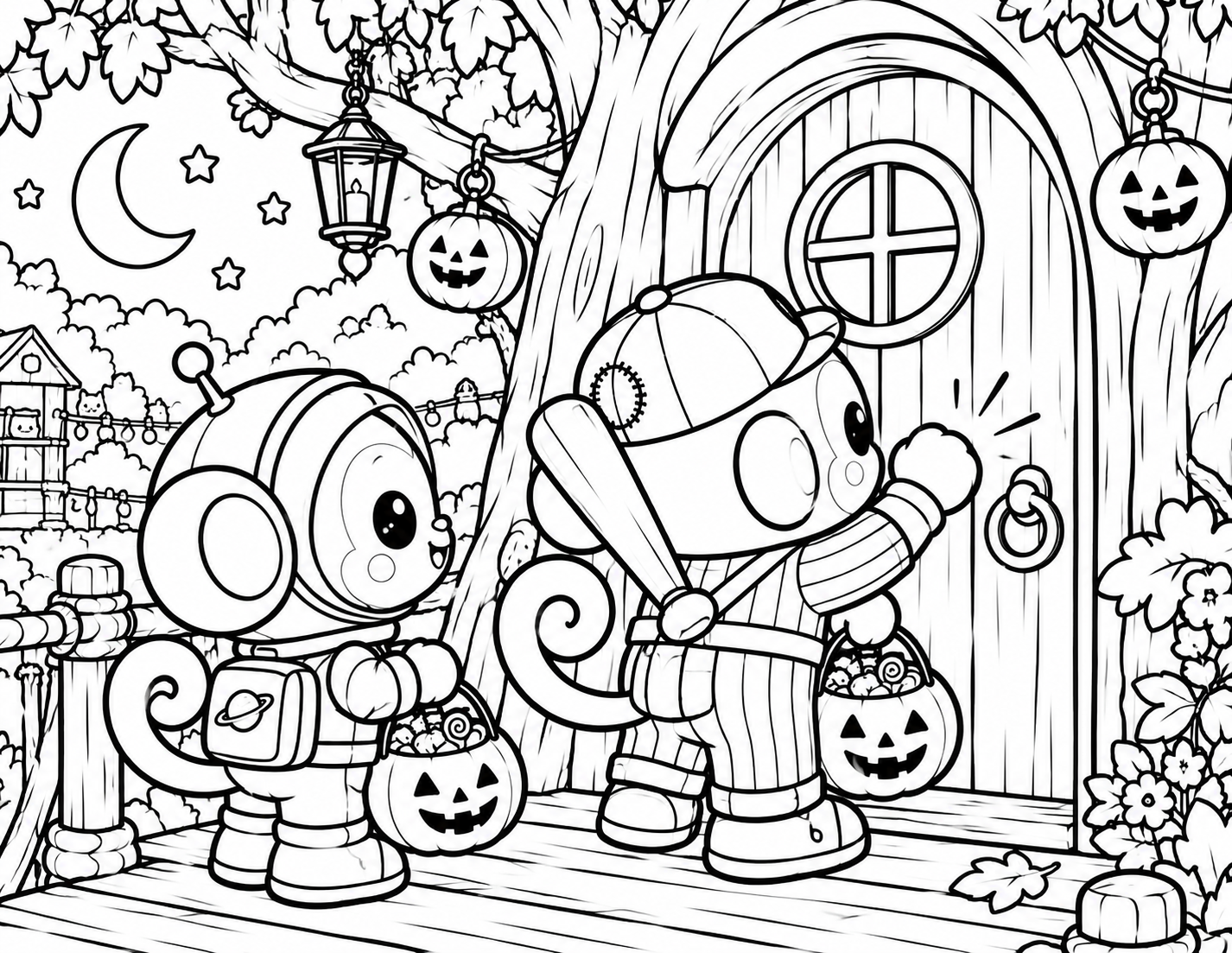 Halloween Monkeys Trick-or-Treat free printable coloring page