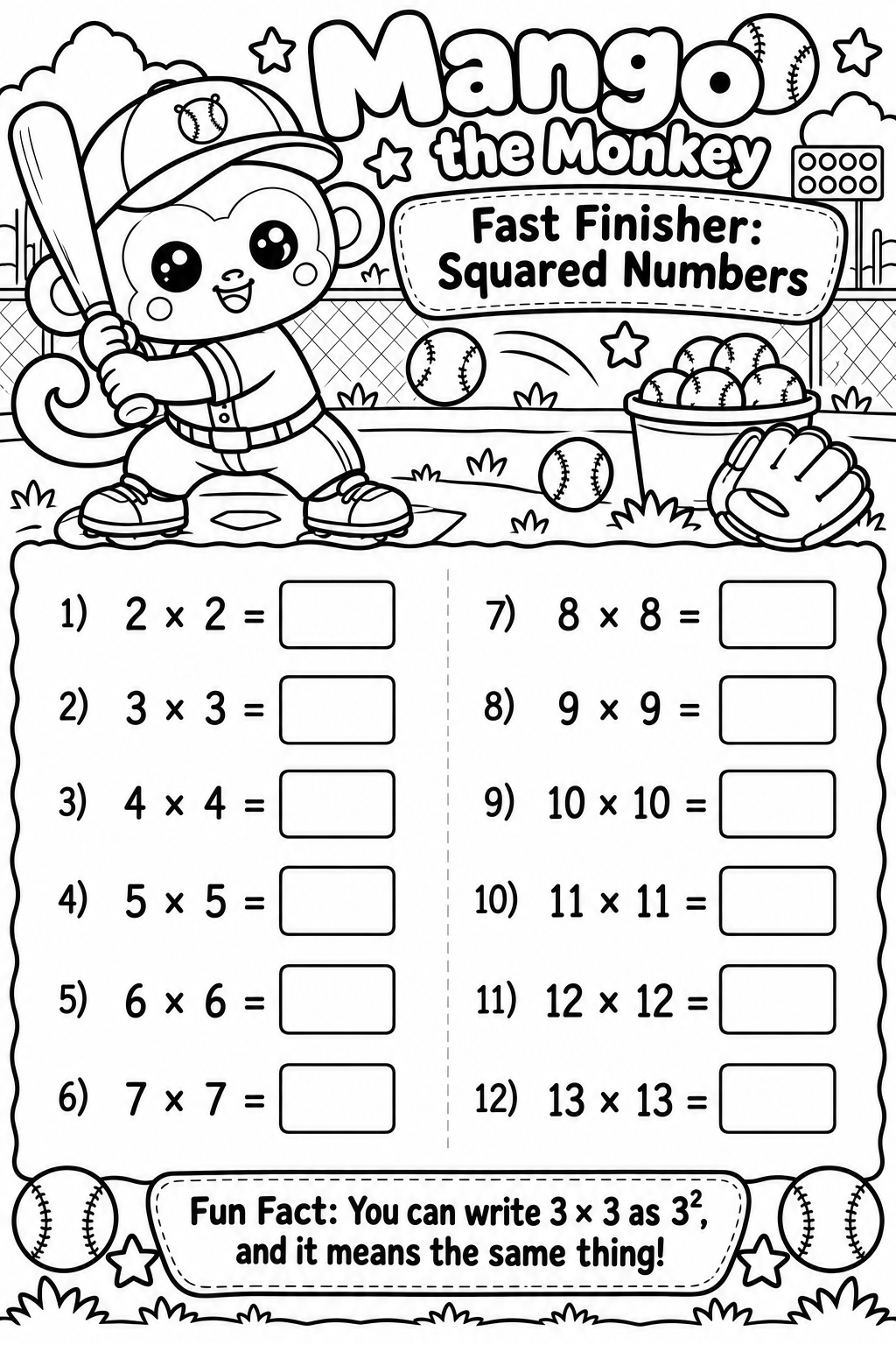 Mango the Monkey: Squared Numbers free printable math worksheet