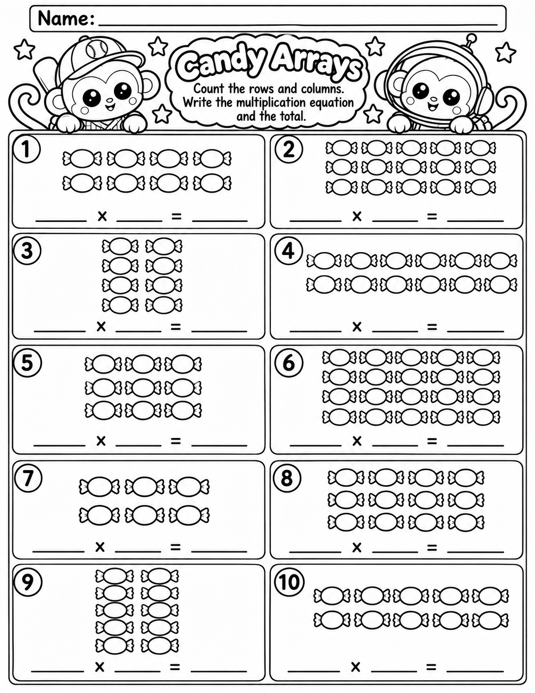 Candy Arrays: Multiplication with Arrays math worksheet