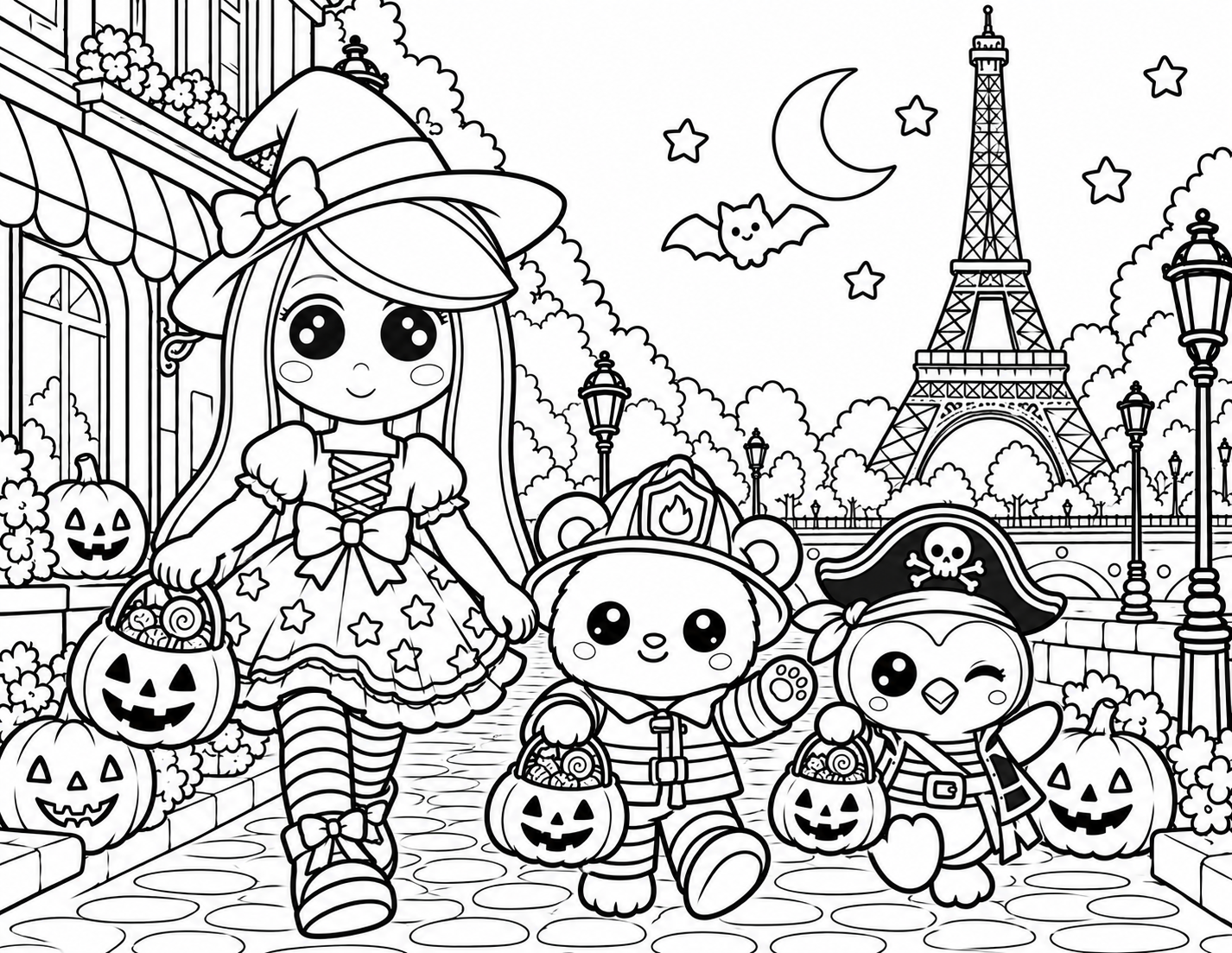 Halloween Trick-or-Treat in Paris free printable coloring page