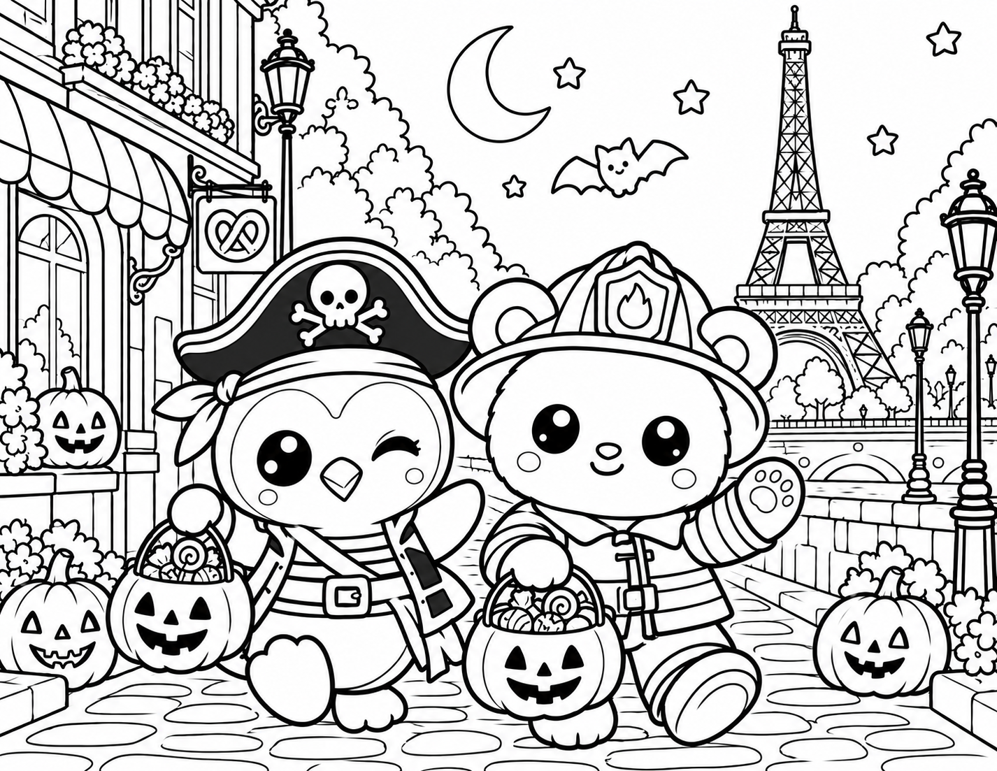 Halloween in Paris free printable coloring page