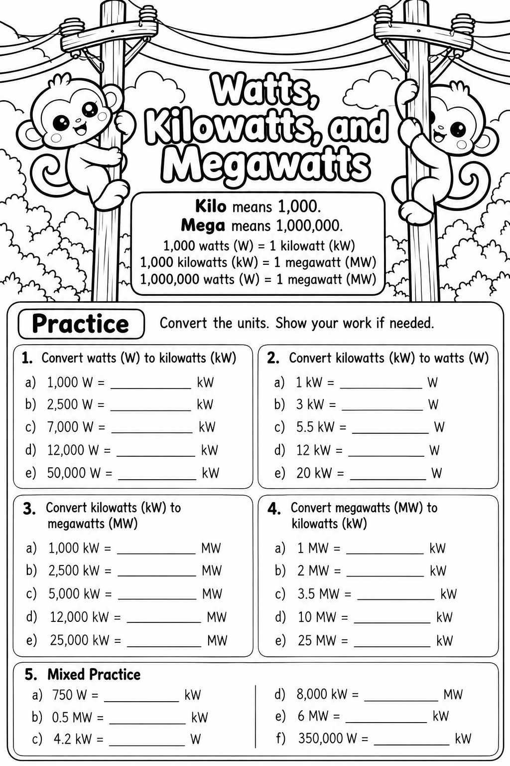 Watts, Kilowatts, and Megawatts: Unit Conversion Practice free printable math worksheet