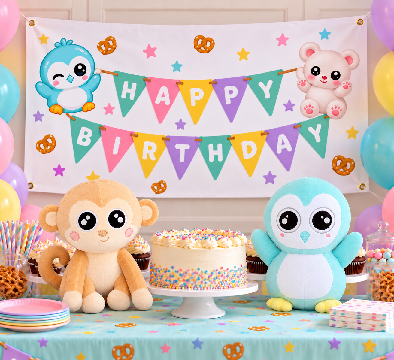 Pretzel the penguin and Mango the monkey plush sitting on a birthday party table in front of the Happy Birthday banner