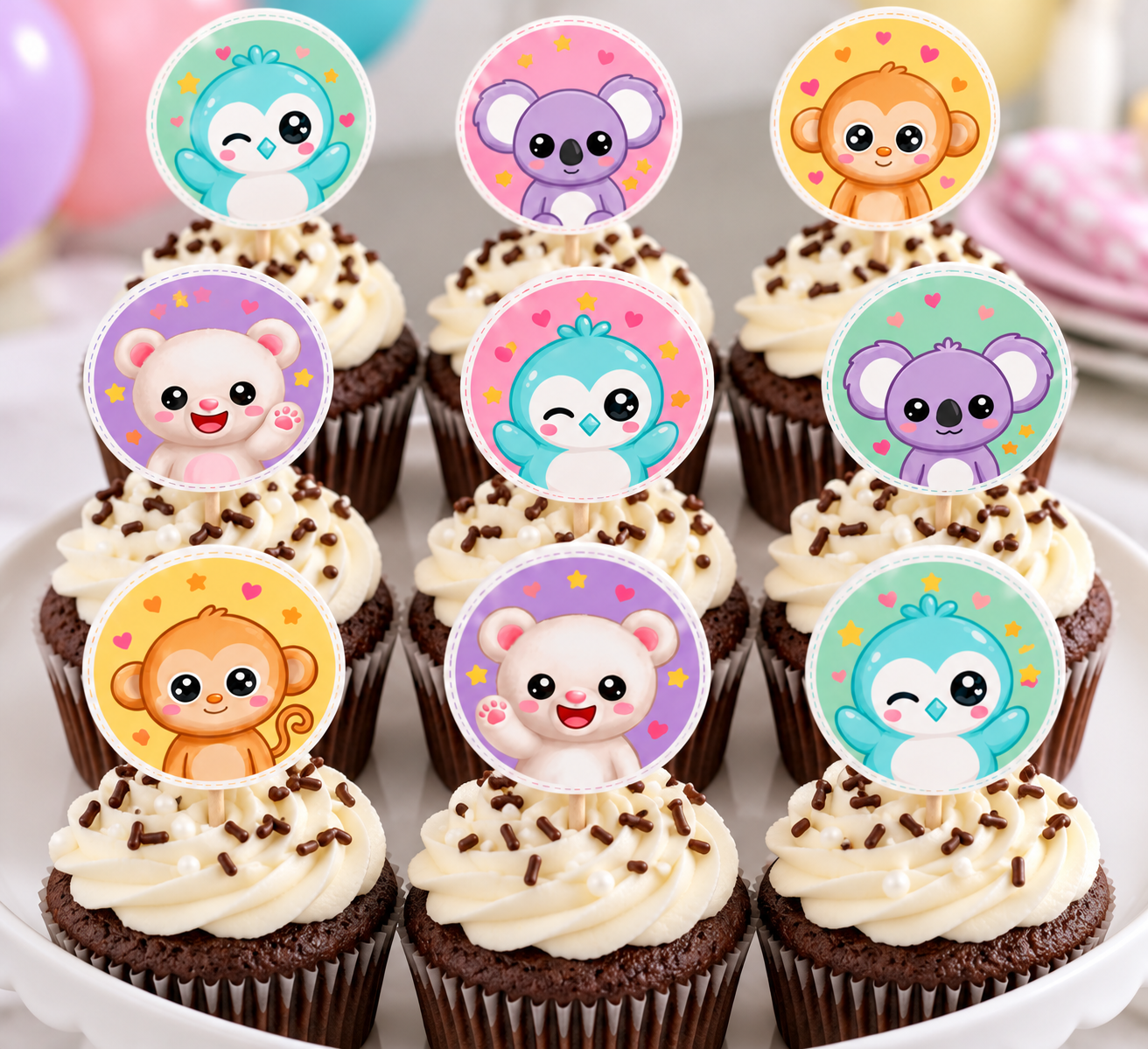 Nine round PretziPals cupcake toppers on a plate of chocolate cupcakes