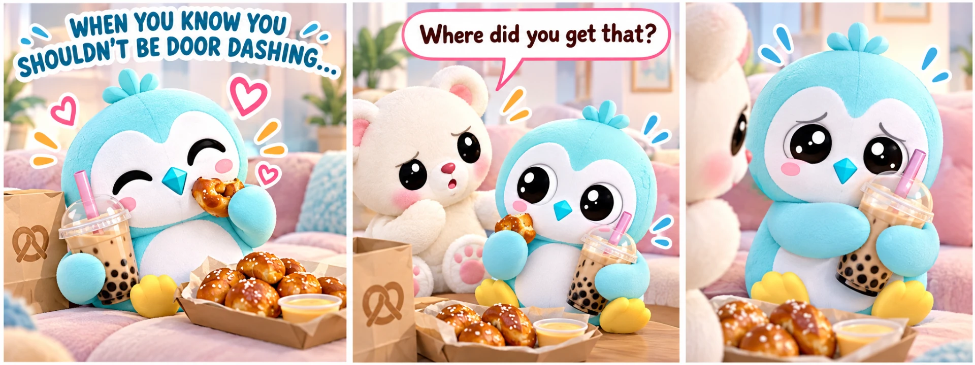 Comic: Pretzel door-dashes pretzels and boba tea