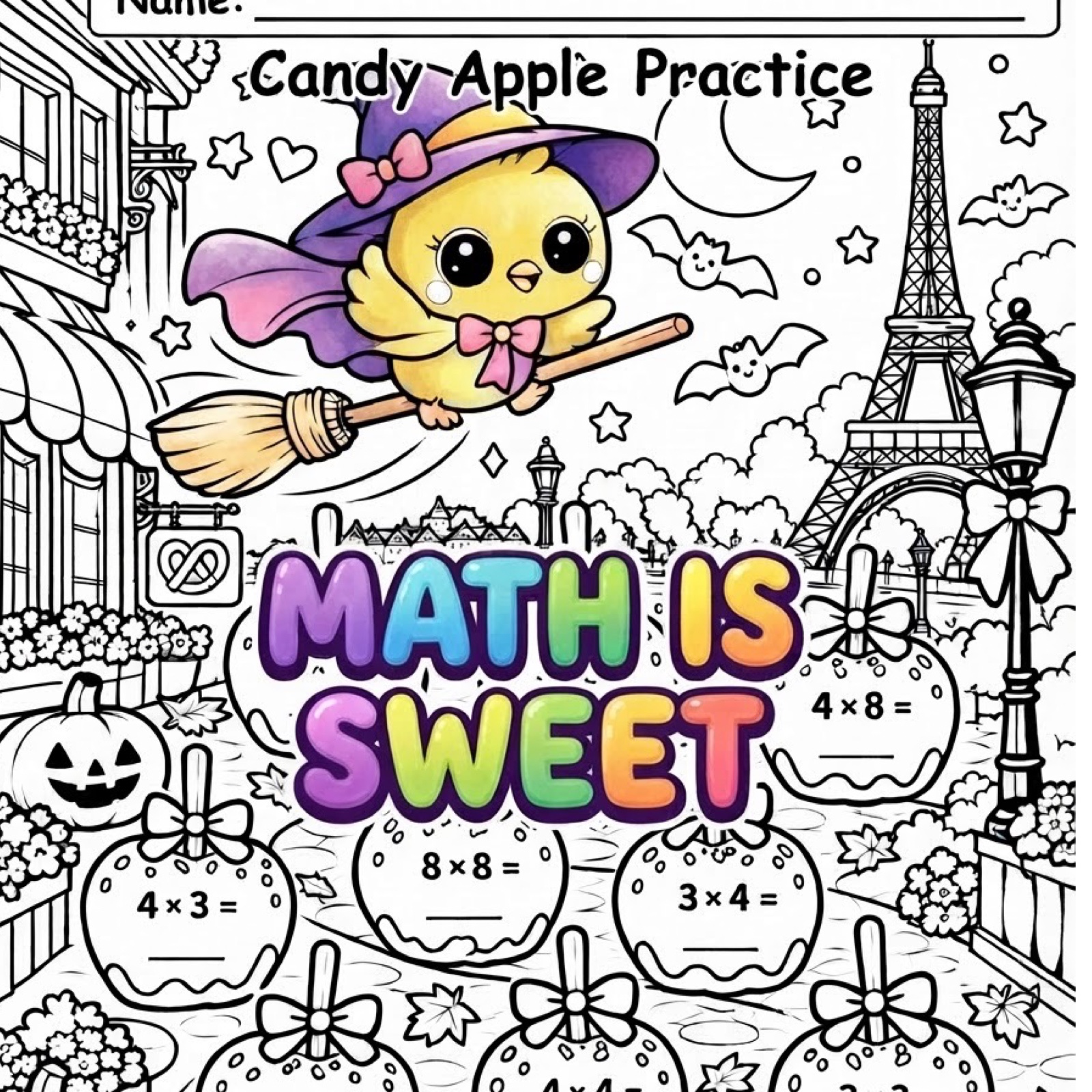 Halloween Math Multiplication: Candy Apple Practice free printable math worksheet