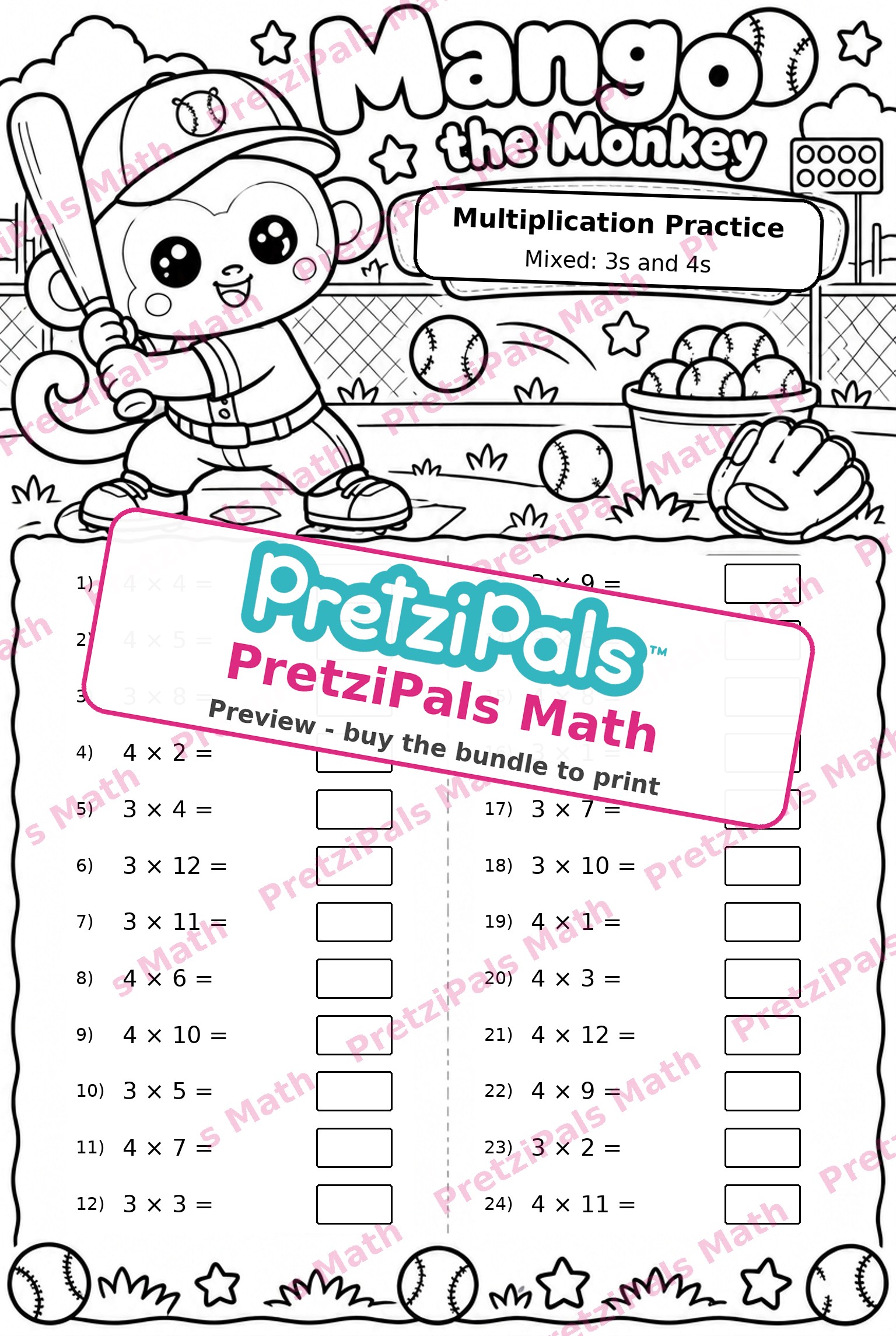 Mango the Monkey scrambled multiplication worksheet preview