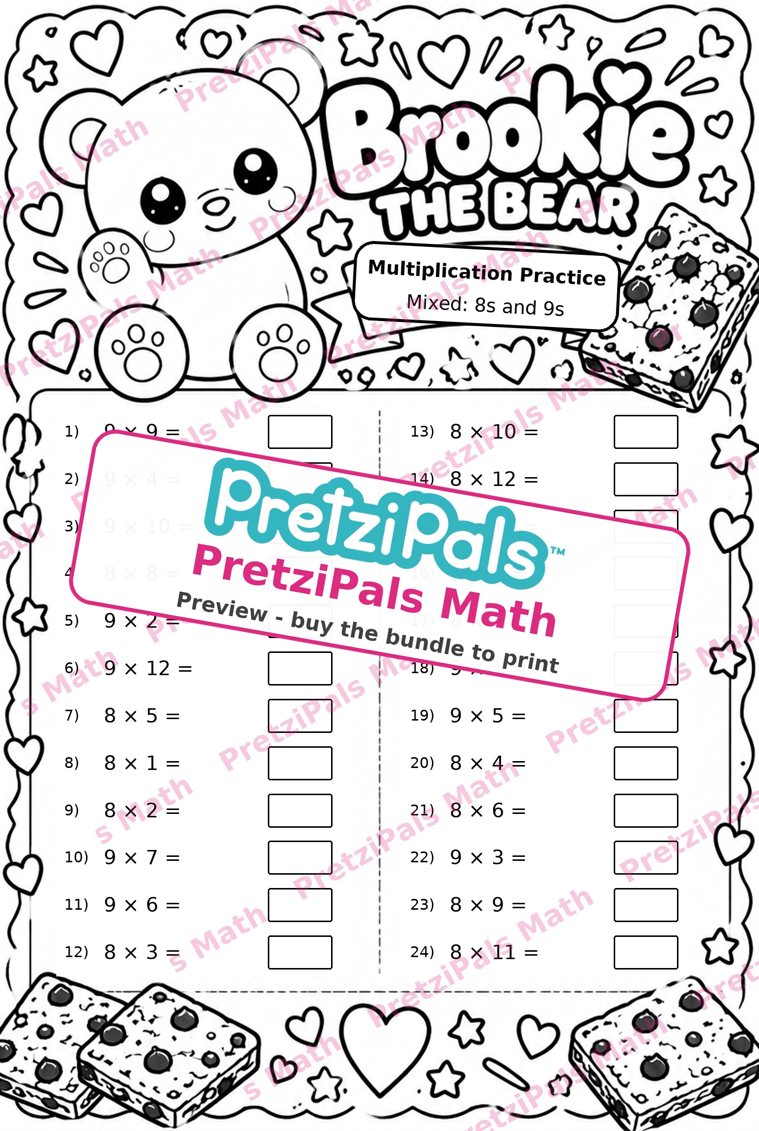 Scrambled Multiplication: 8s and 9s (Brookie the Bear) printable math worksheet