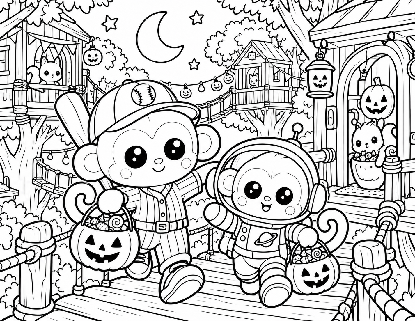 Halloween Monkeys at the Treehouse free printable coloring page