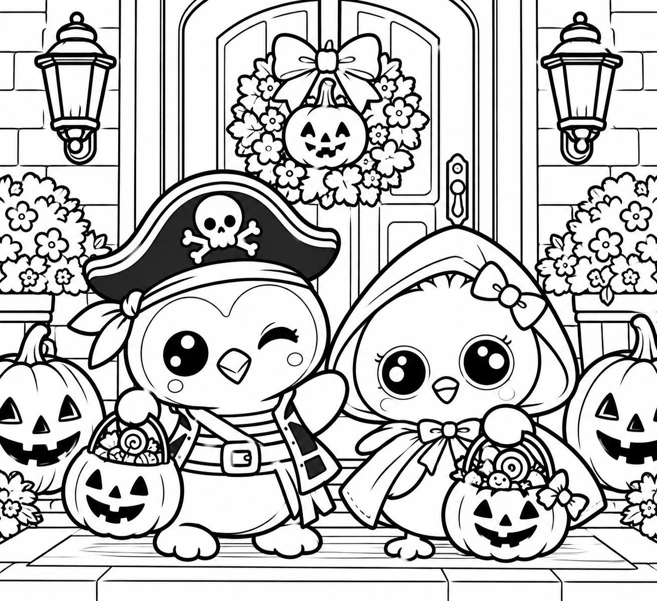 Halloween Penguin & Chick free printable coloring page