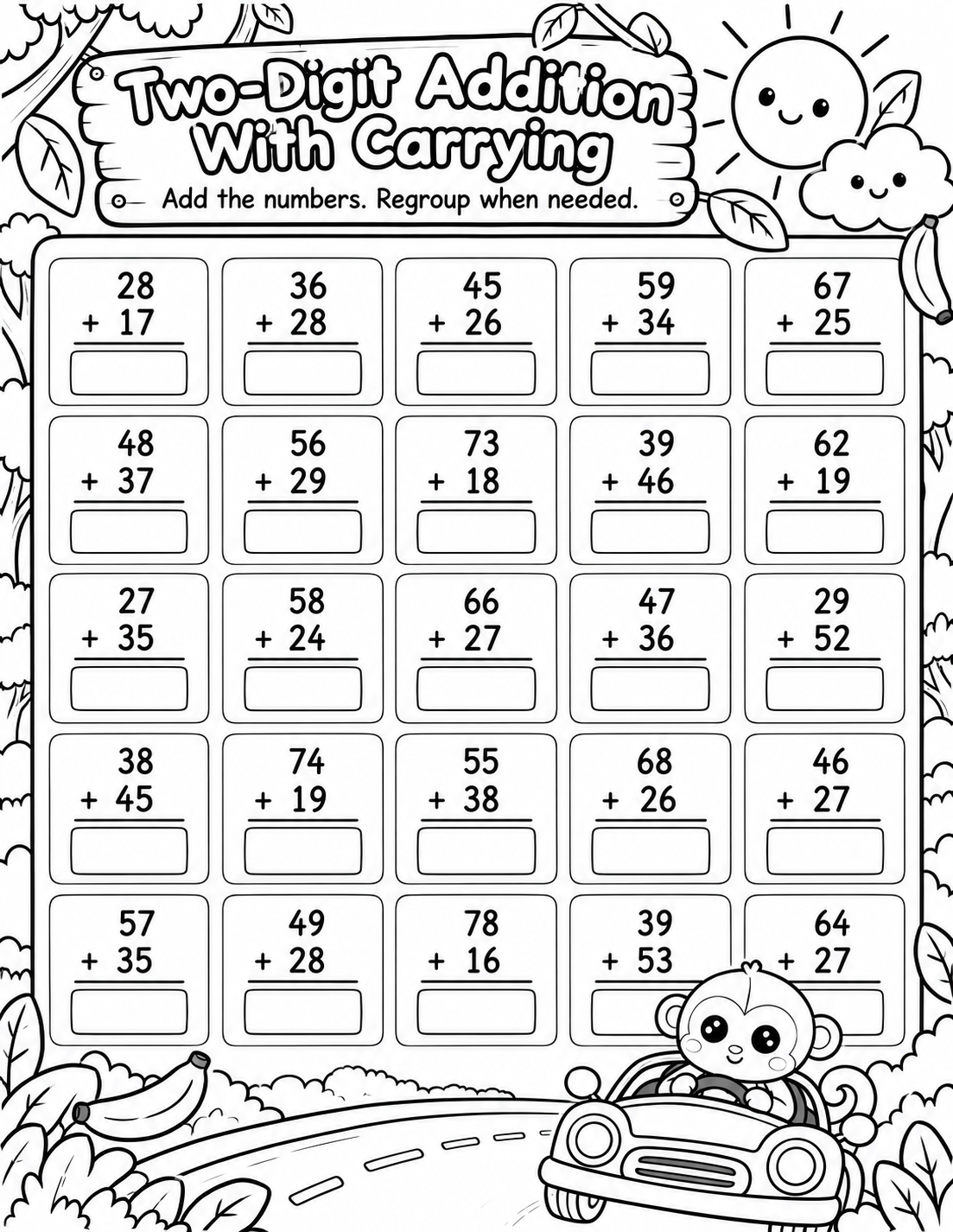 Two-Digit Addition with Carrying: Jungle Road math worksheet