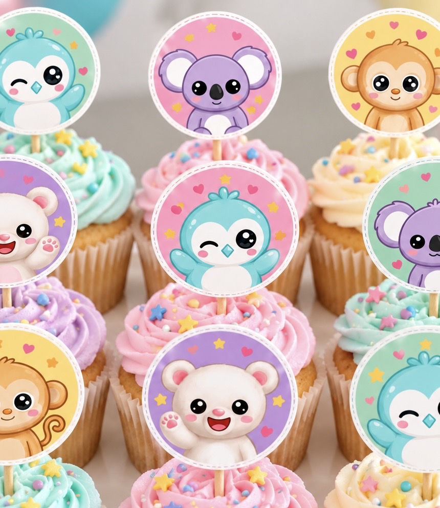 Pastel PretziPals cupcakes decorated with the pal cupcake toppers