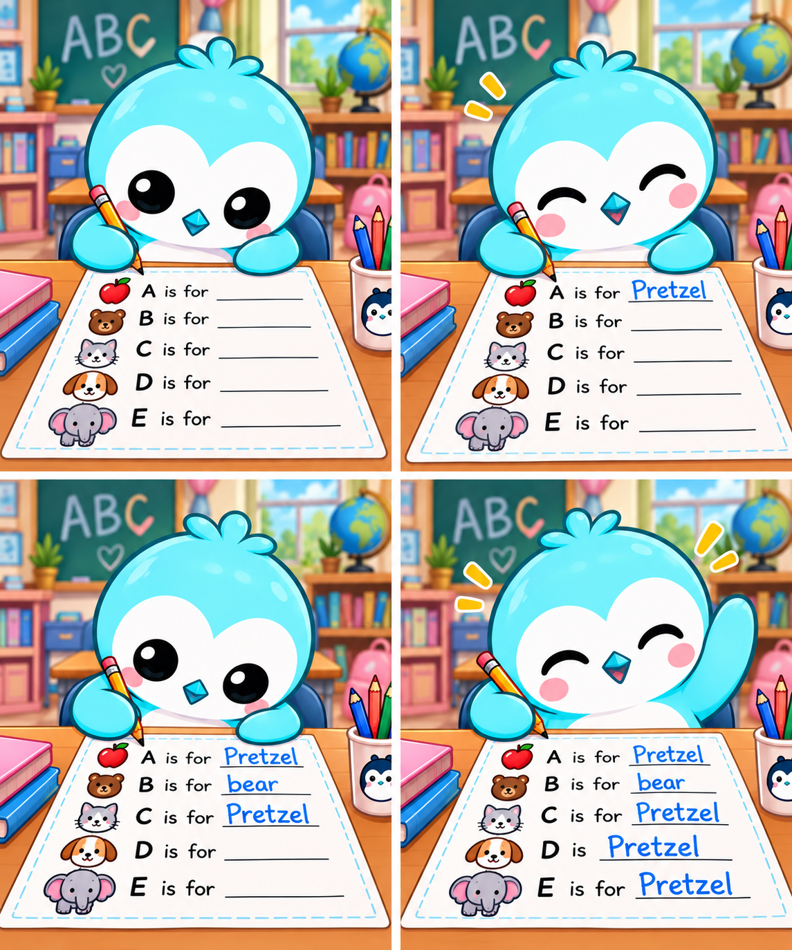 Comic: Pretzel fills out an ABC worksheet where every answer is Pretzel