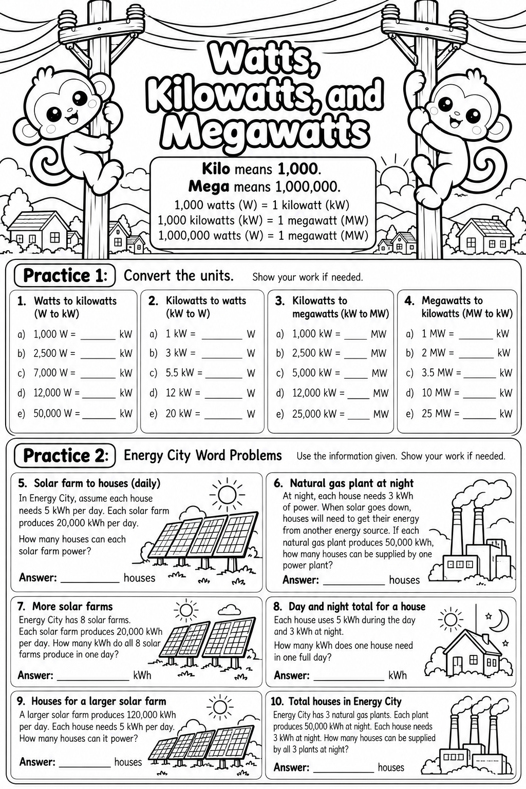 Watts, Kilowatts, and Megawatts: Energy City Word Problems free printable math worksheet