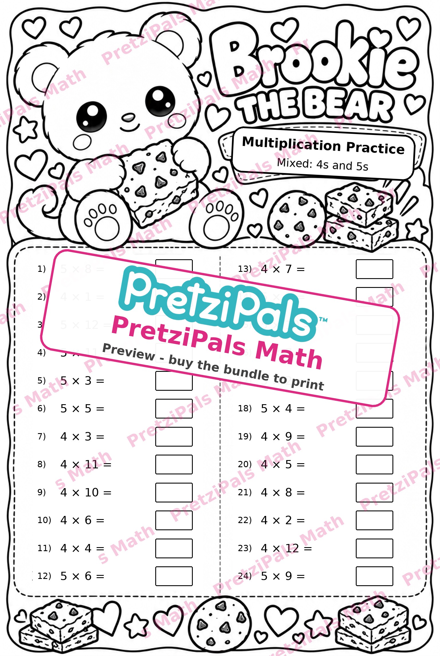 Scrambled Multiplication: 4s and 5s (Brookie the Bear) printable math worksheet