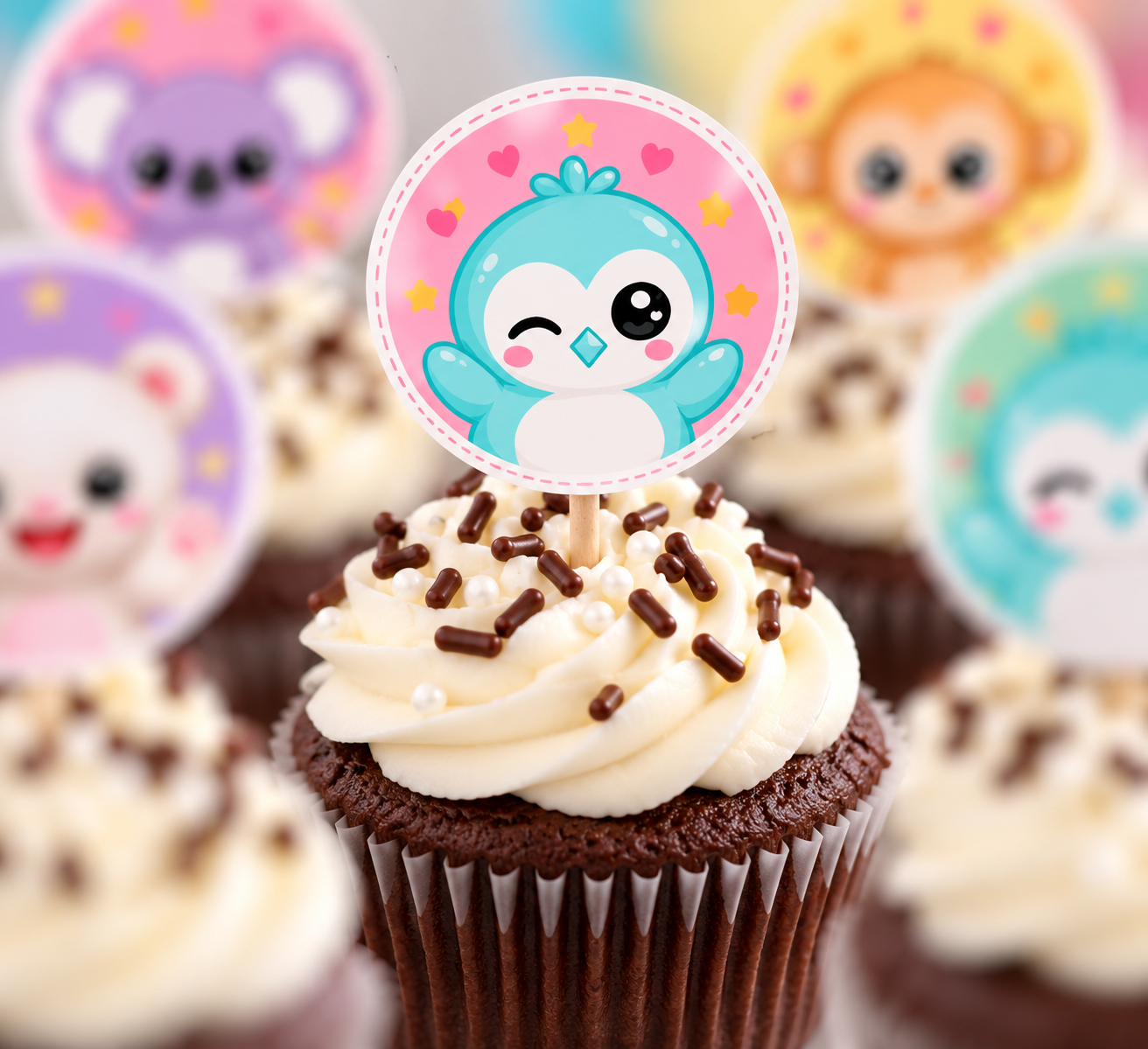 Pretzel the penguin cupcake topper on a frosted birthday cupcake
