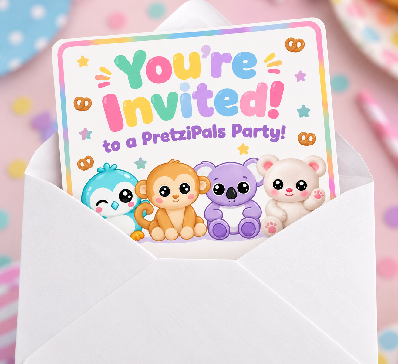 PretziPals birthday invitation with Pretzel, Mango, Kiwi, and Brookie peeking out of an envelope