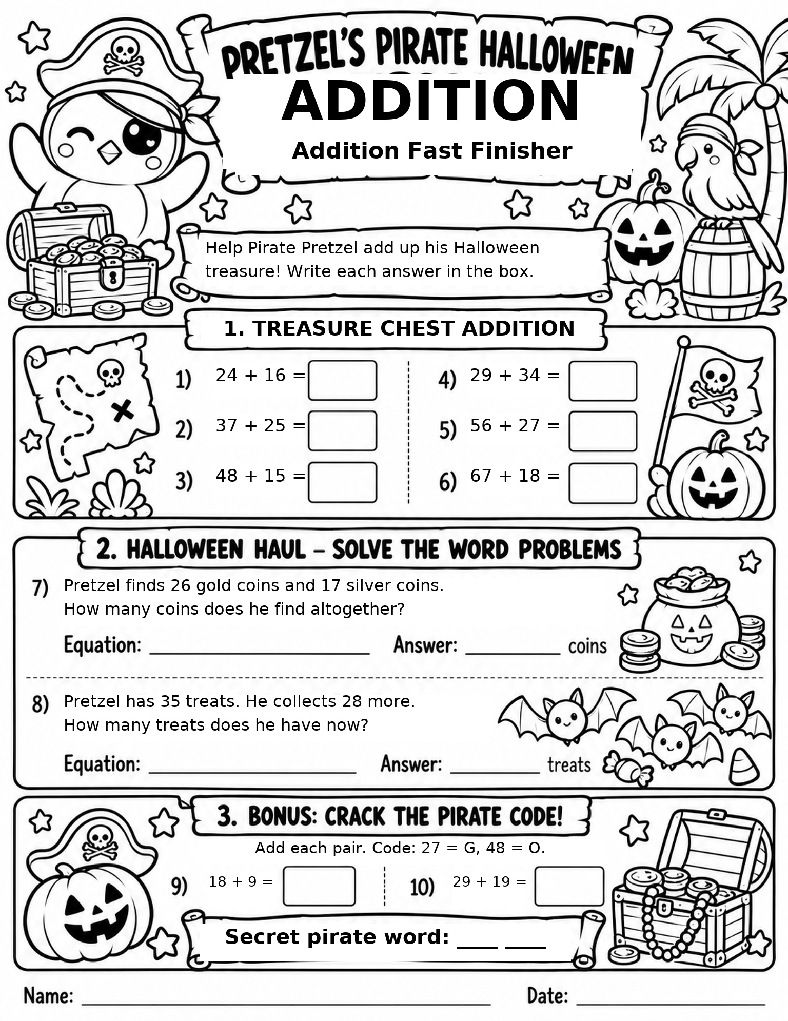 Pretzel's Pirate Halloween Addition free printable math worksheet
