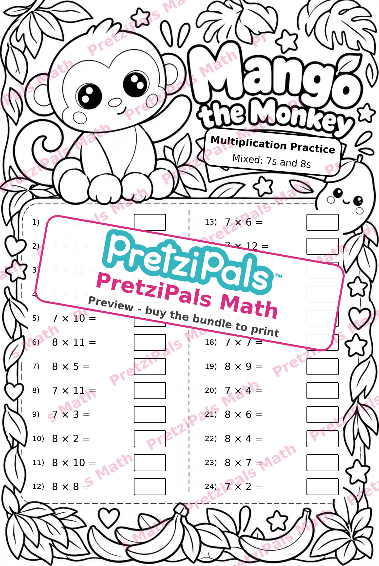 Scrambled Multiplication: 7s and 8s (Mango the Monkey) printable math worksheet