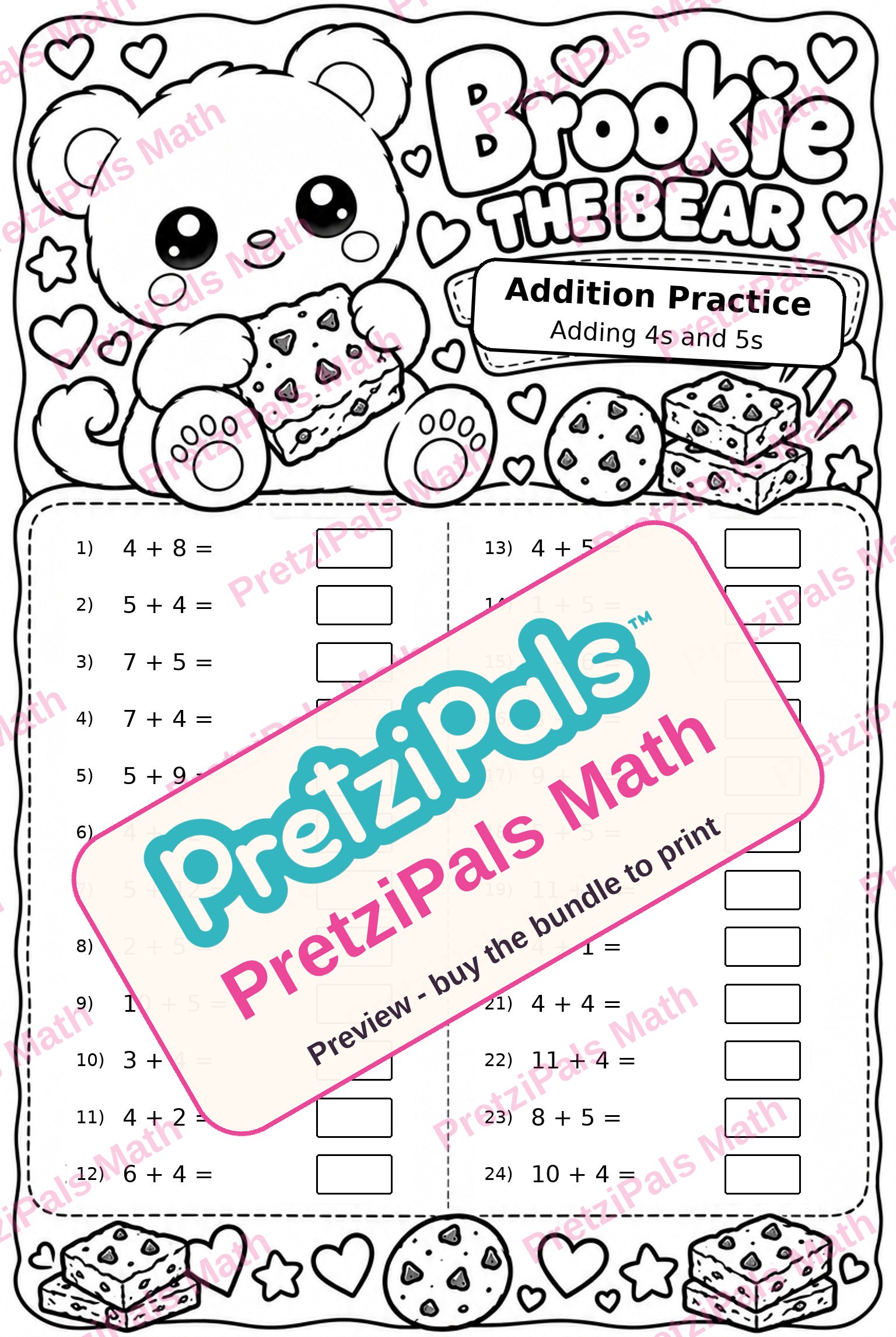 Addition Practice: Adding 4s and 5s (Brookie the Bear) printable math worksheet