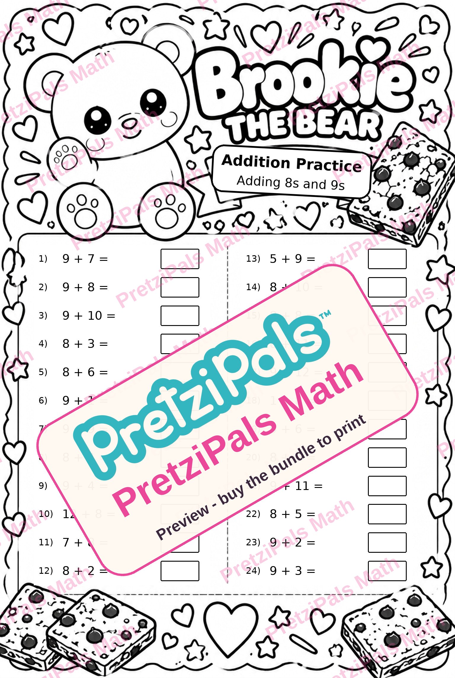 Addition Practice: Adding 8s and 9s (Brookie the Bear) printable math worksheet