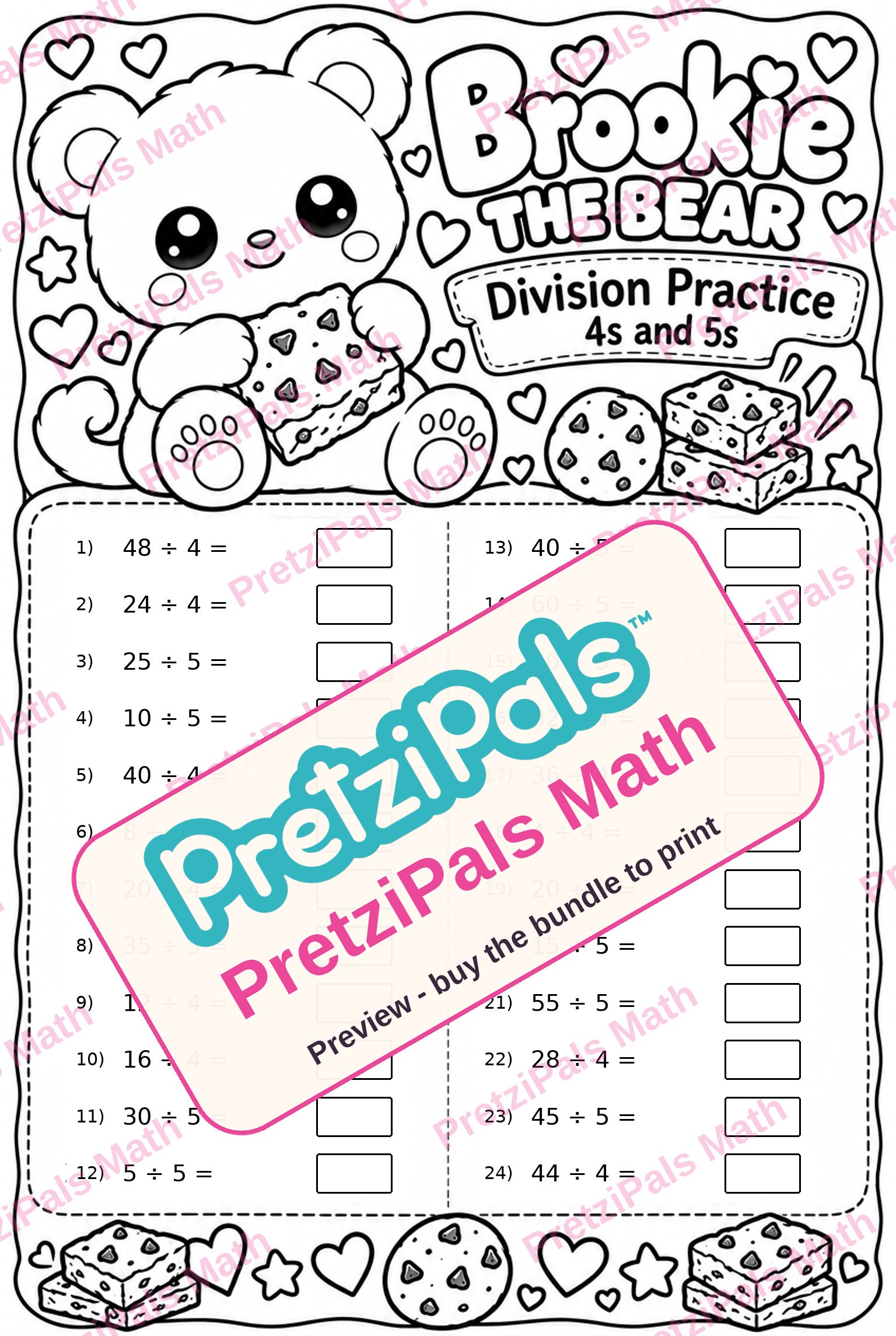 Division Practice: 4s and 5s (Brookie the Bear) printable math worksheet
