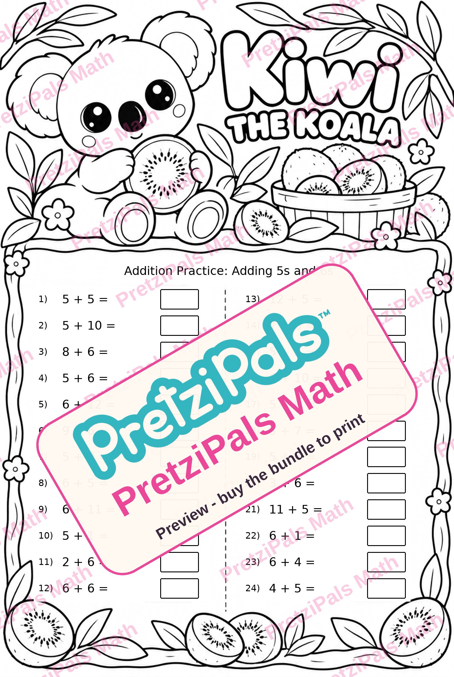 Addition Practice: Adding 5s and 6s (Kiwi the Koala) printable math worksheet