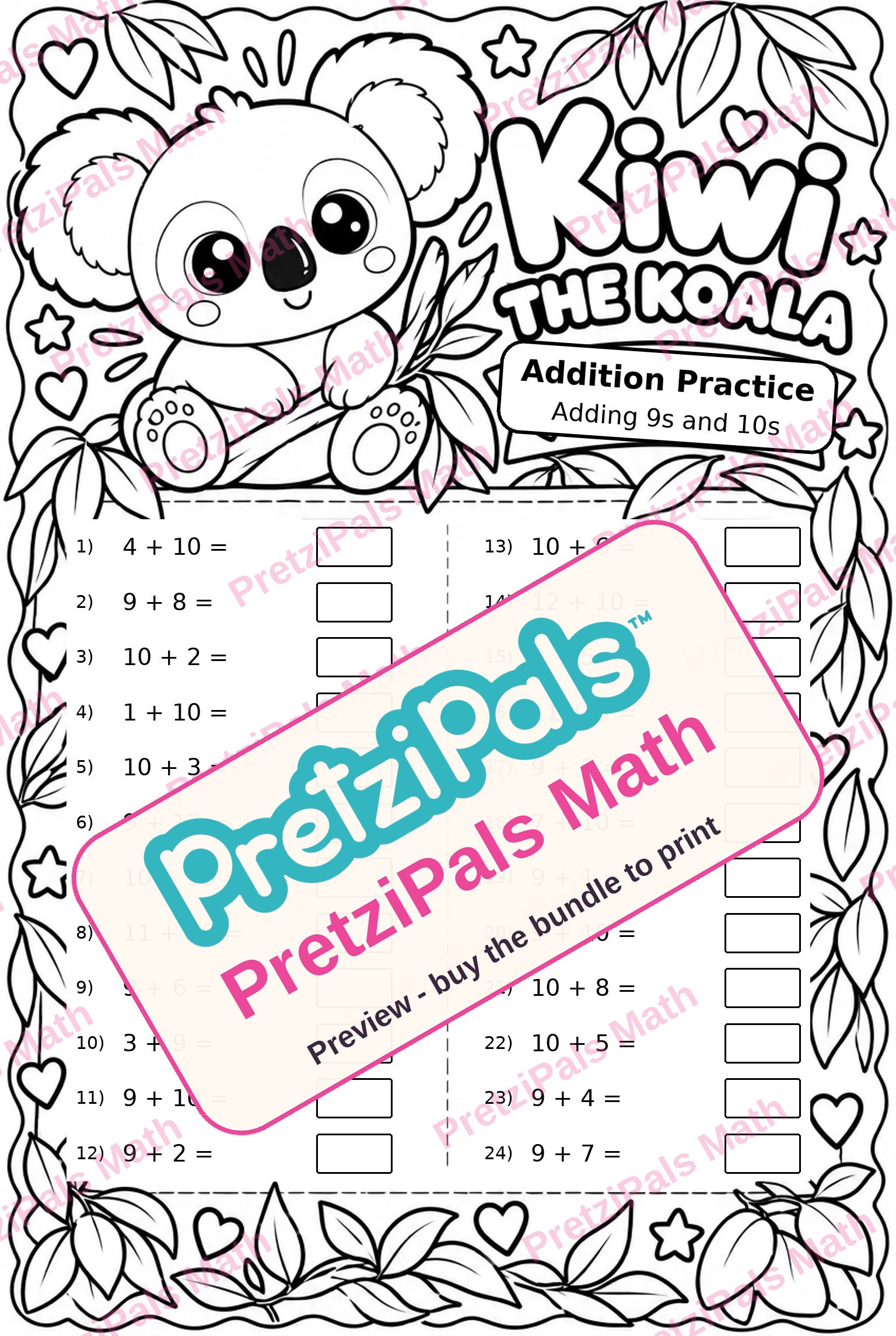 Addition Practice: Adding 9s and 10s (Kiwi the Koala) printable math worksheet