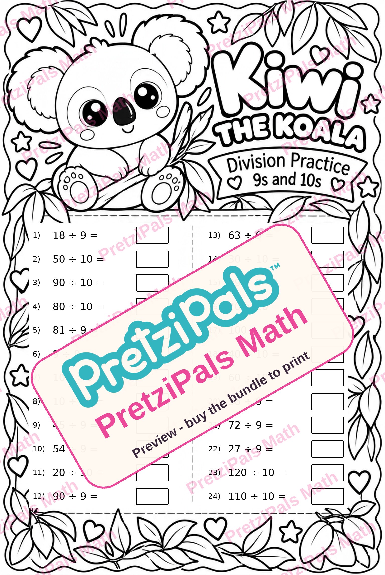 Division Practice: 9s and 10s (Kiwi the Koala) printable math worksheet