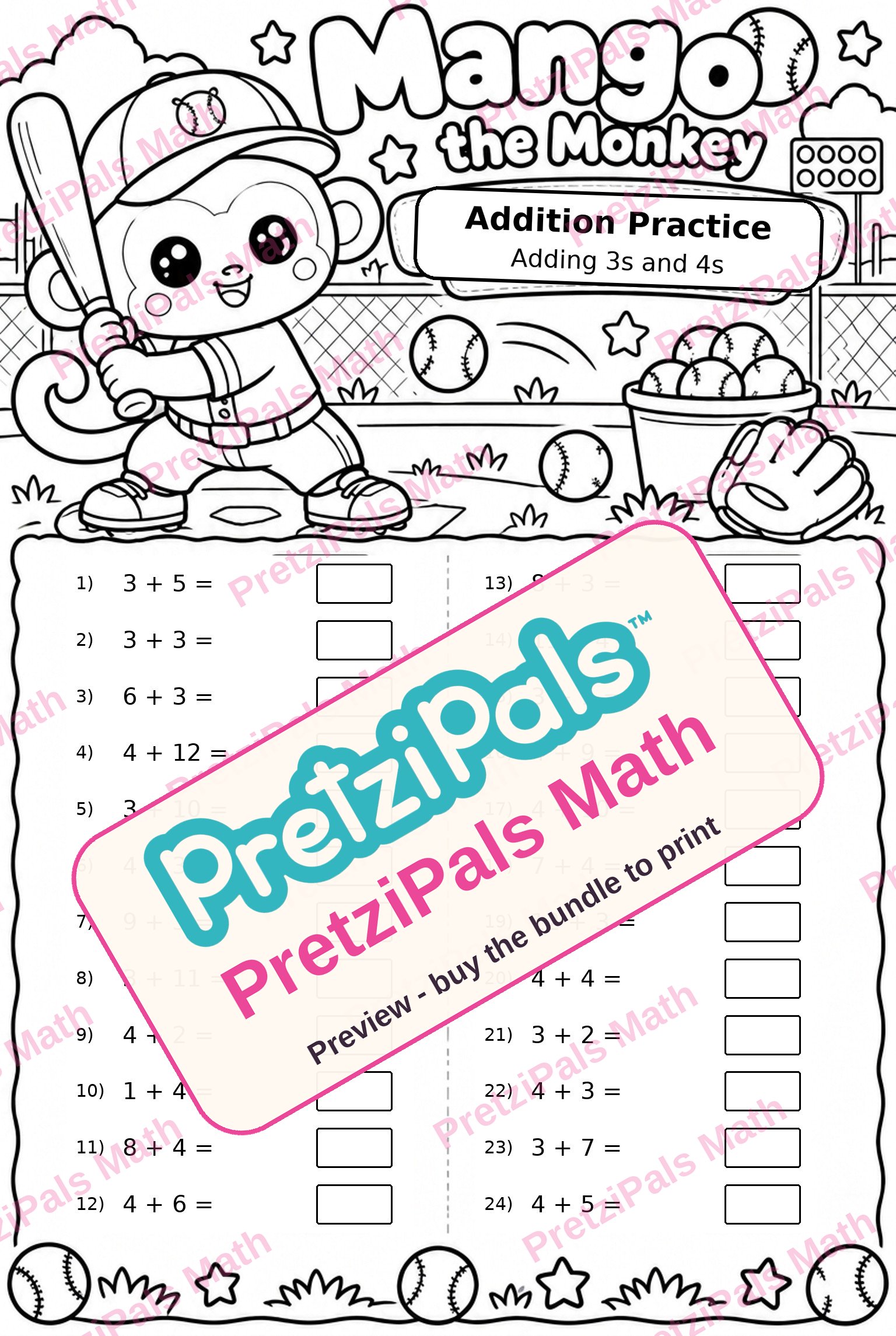 Addition Practice: Adding 3s and 4s (Mango the Monkey) printable math worksheet