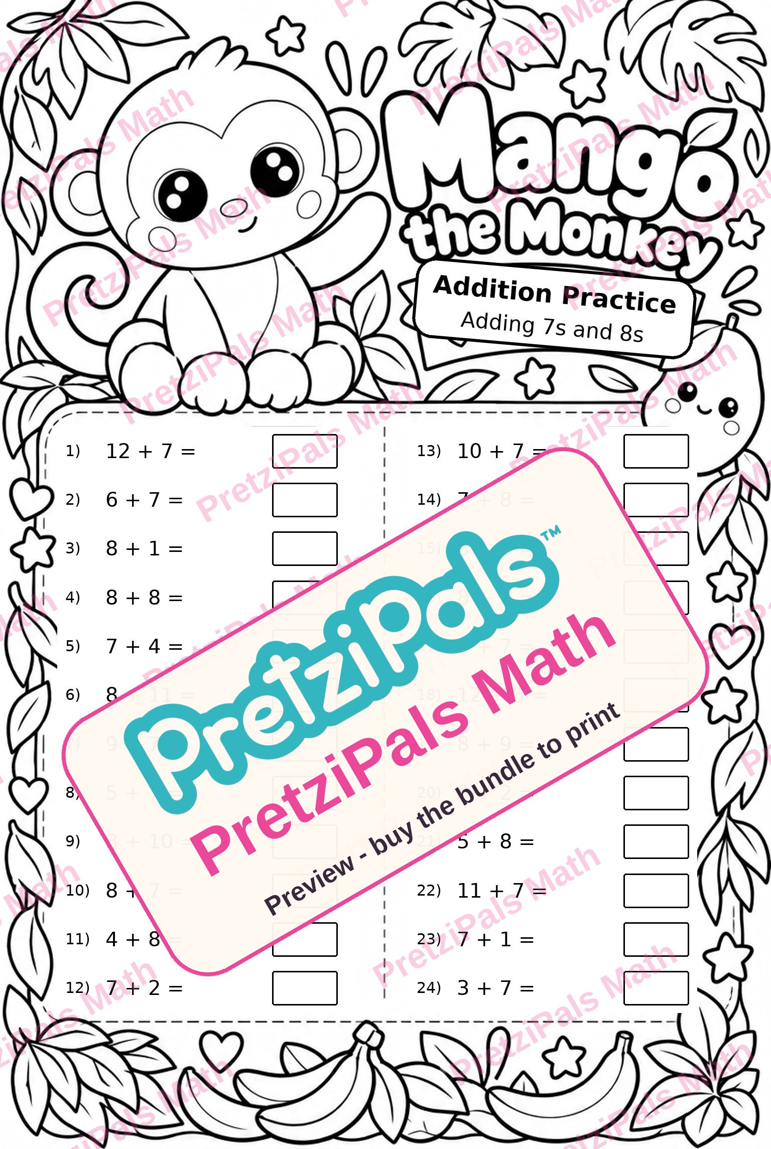 Addition Practice: Adding 7s and 8s (Mango the Monkey) printable math worksheet