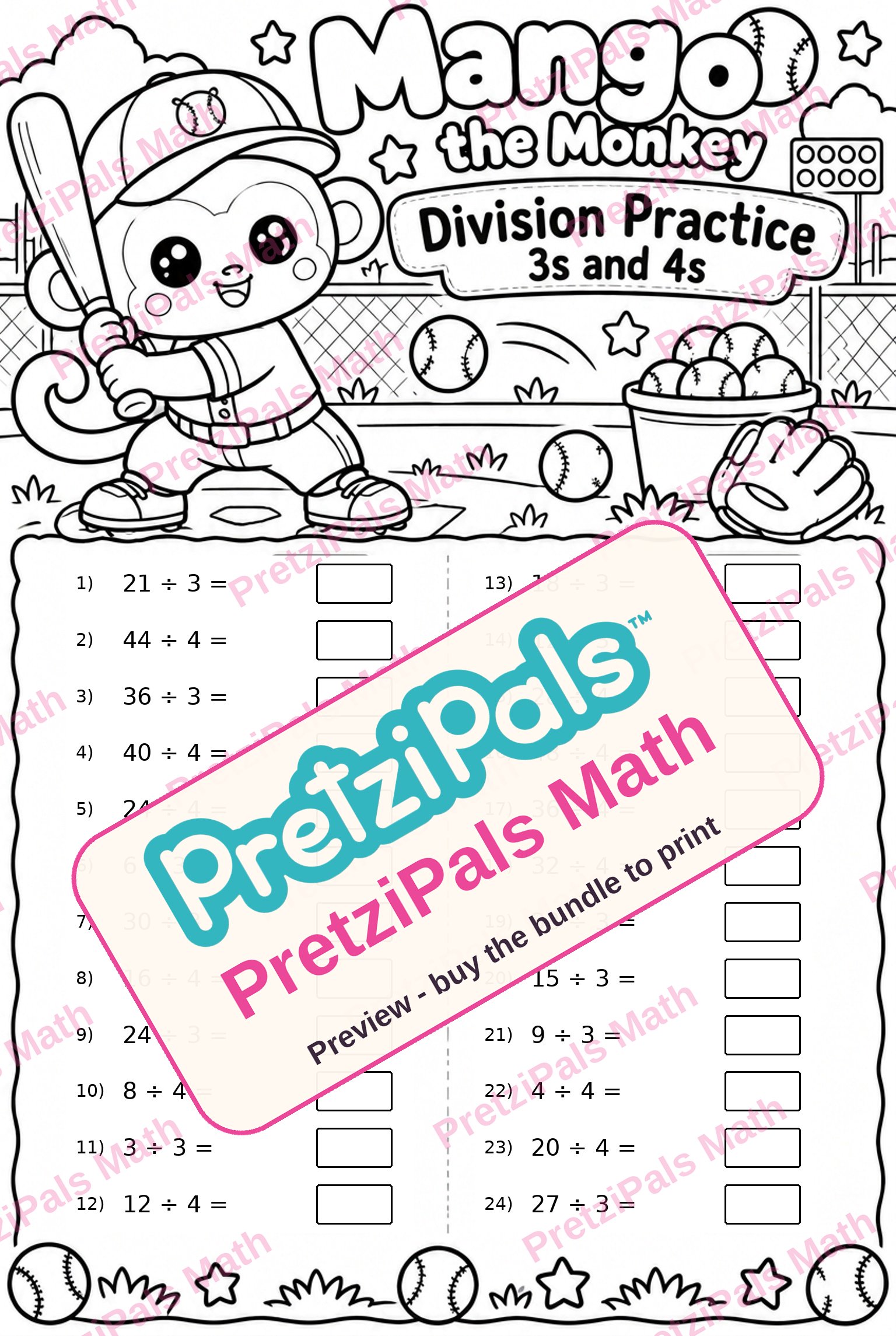 Division Practice: 3s and 4s (Mango the Monkey) printable math worksheet