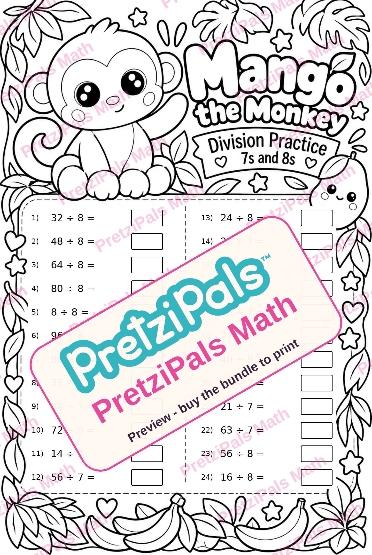 Division Practice: 7s and 8s (Mango the Monkey) printable math worksheet