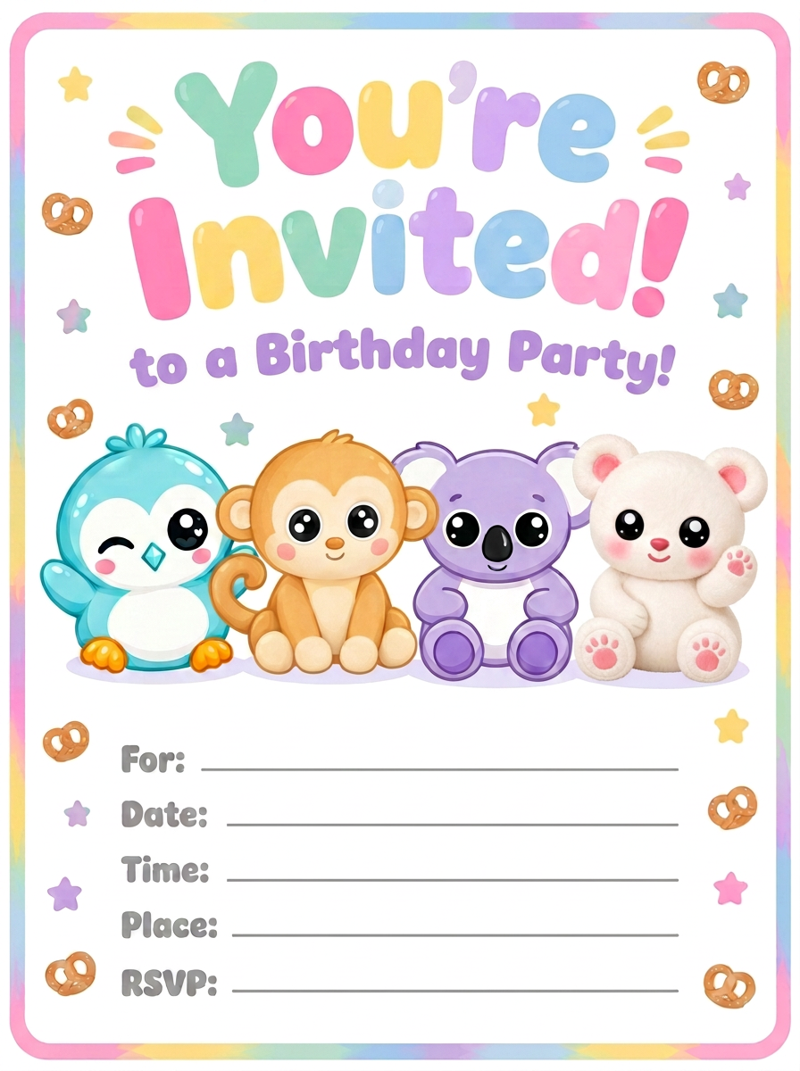 Party Invitations — free printable PretziPals birthday party sheet