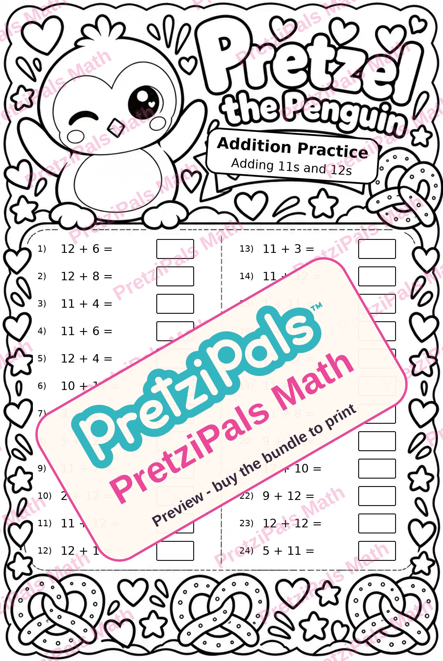 Addition Practice: Adding 11s and 12s (Pretzel the Penguin) printable math worksheet