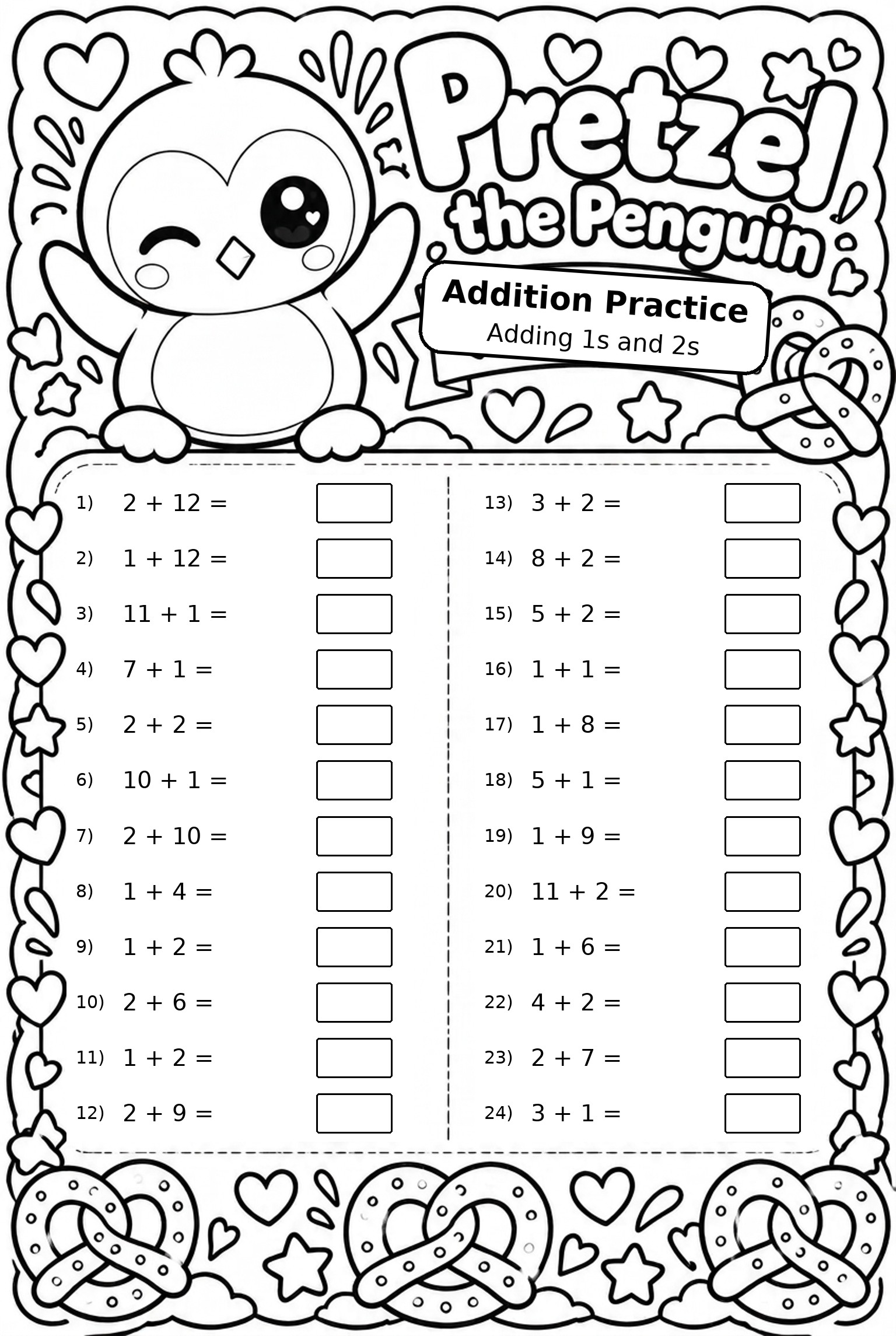 Addition Practice: Adding 1s and 2s (Pretzel the Penguin)