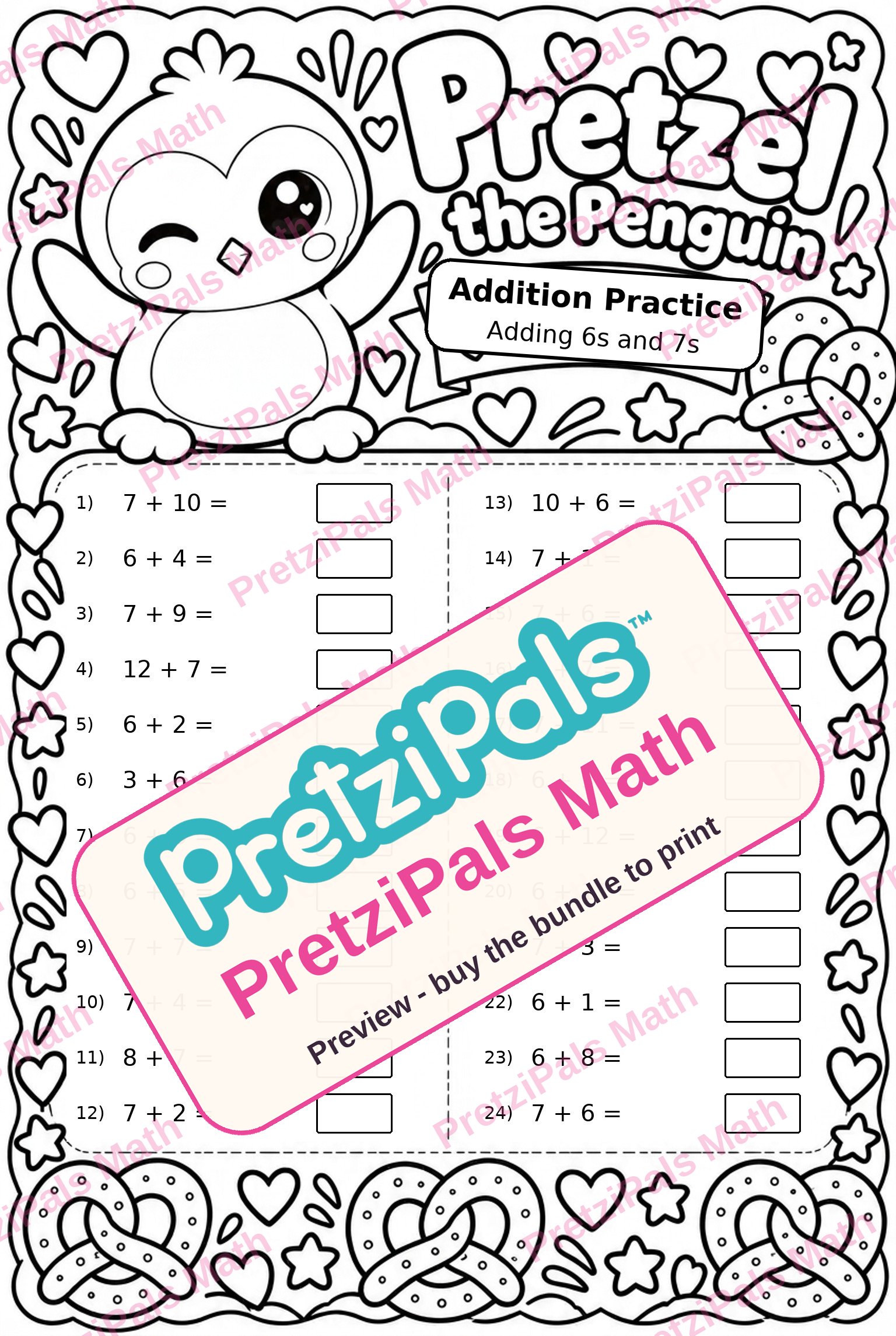 Addition Practice: Adding 6s and 7s (Pretzel the Penguin) printable math worksheet