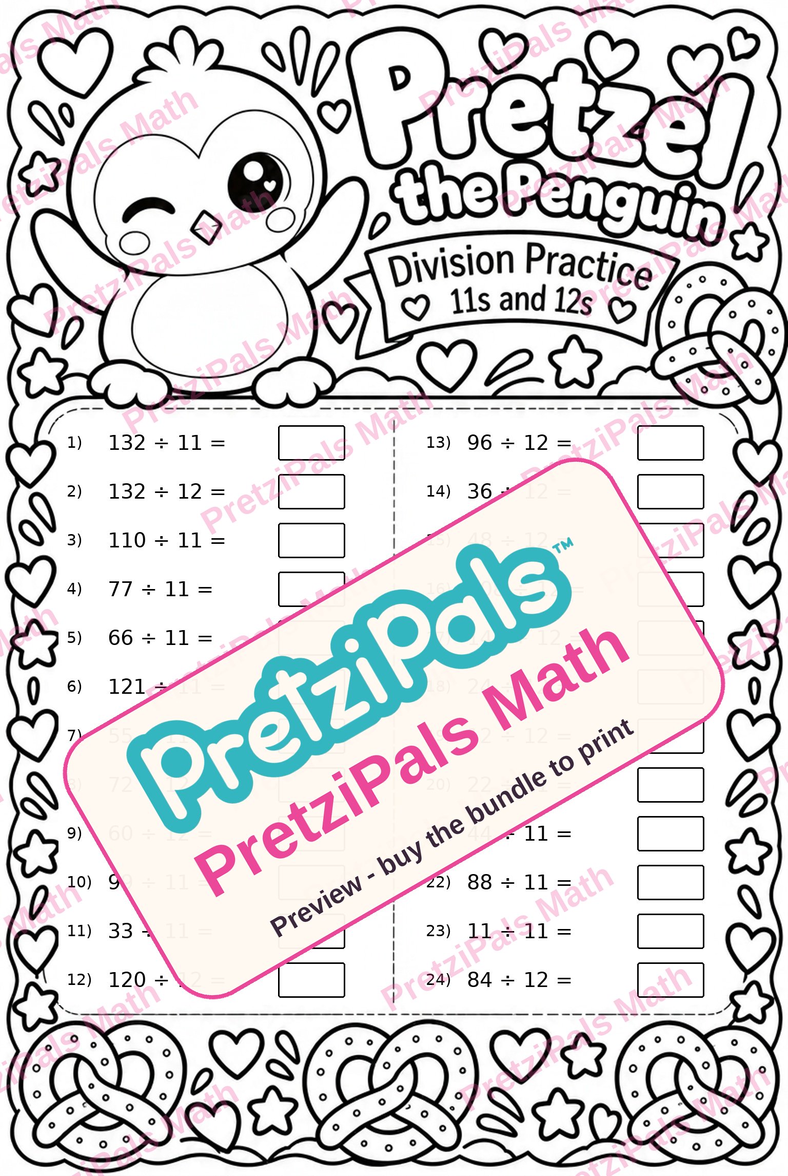 Division Practice: 11s and 12s (Pretzel the Penguin) printable math worksheet