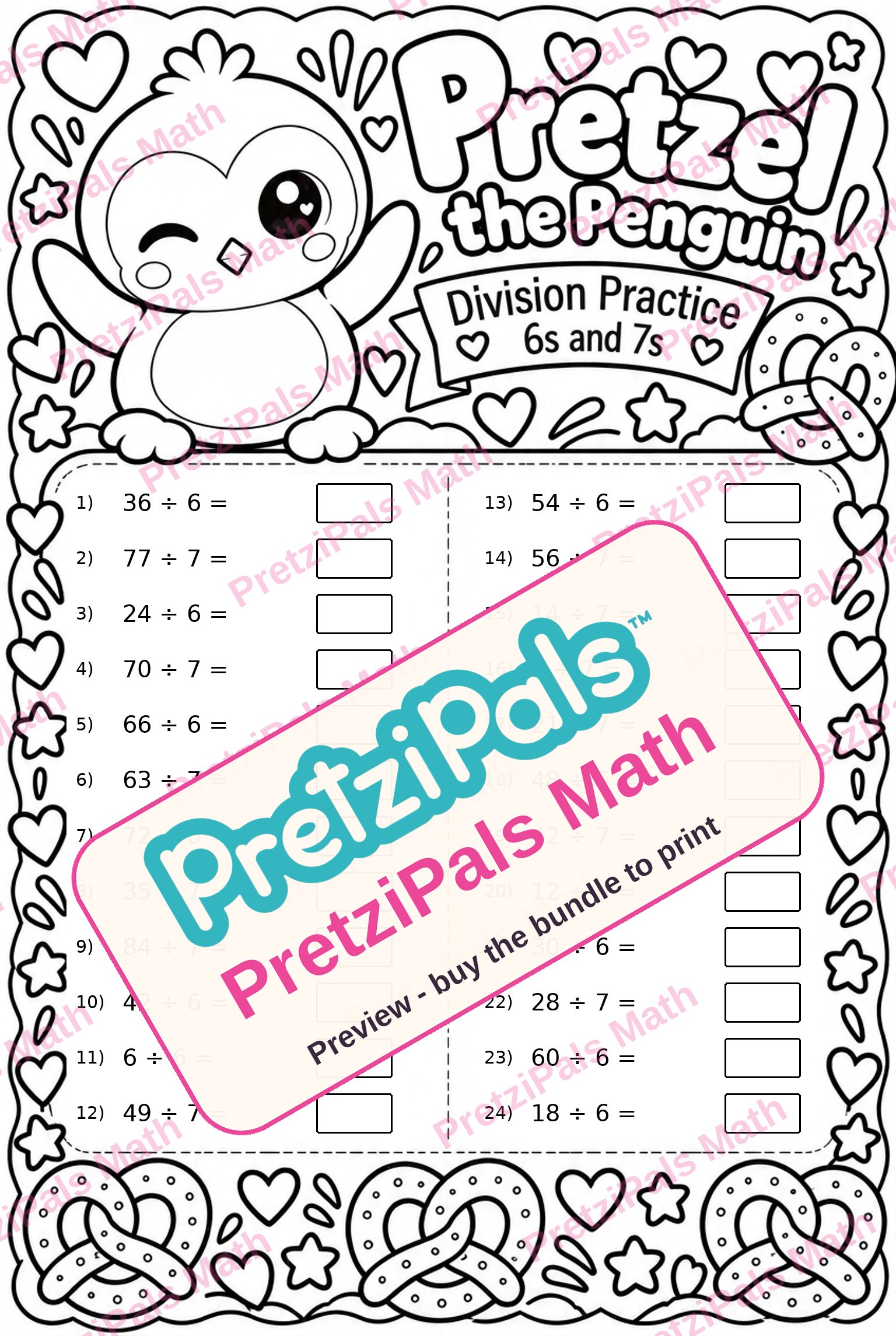 Division Practice: 6s and 7s (Pretzel the Penguin) printable math worksheet