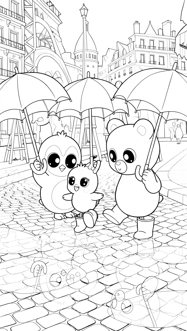 Umbrella Friends in Paris coloring page