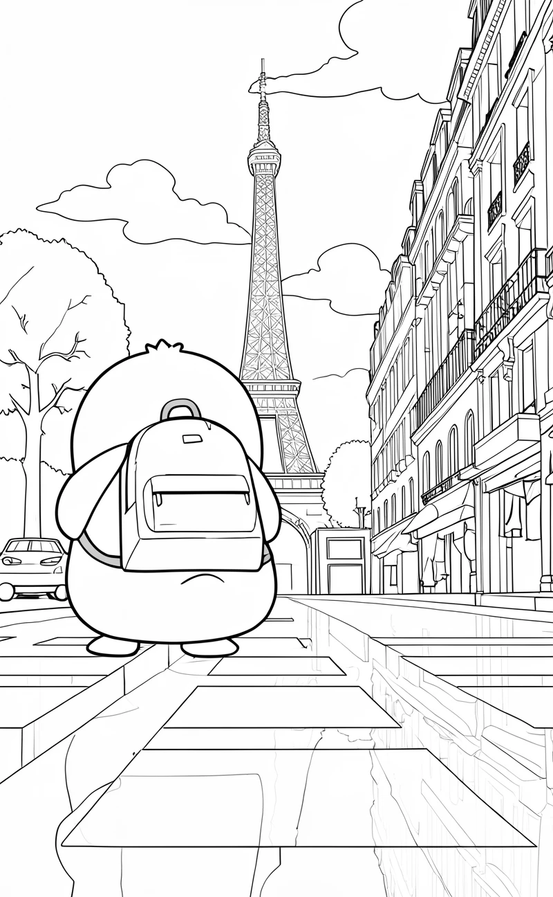Penguin's Eiffel Tower Adventure free printable penguin coloring page