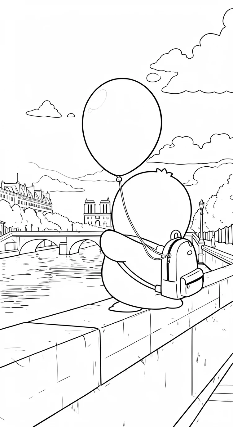 Penguin with a Balloon in Paris free printable penguin coloring page