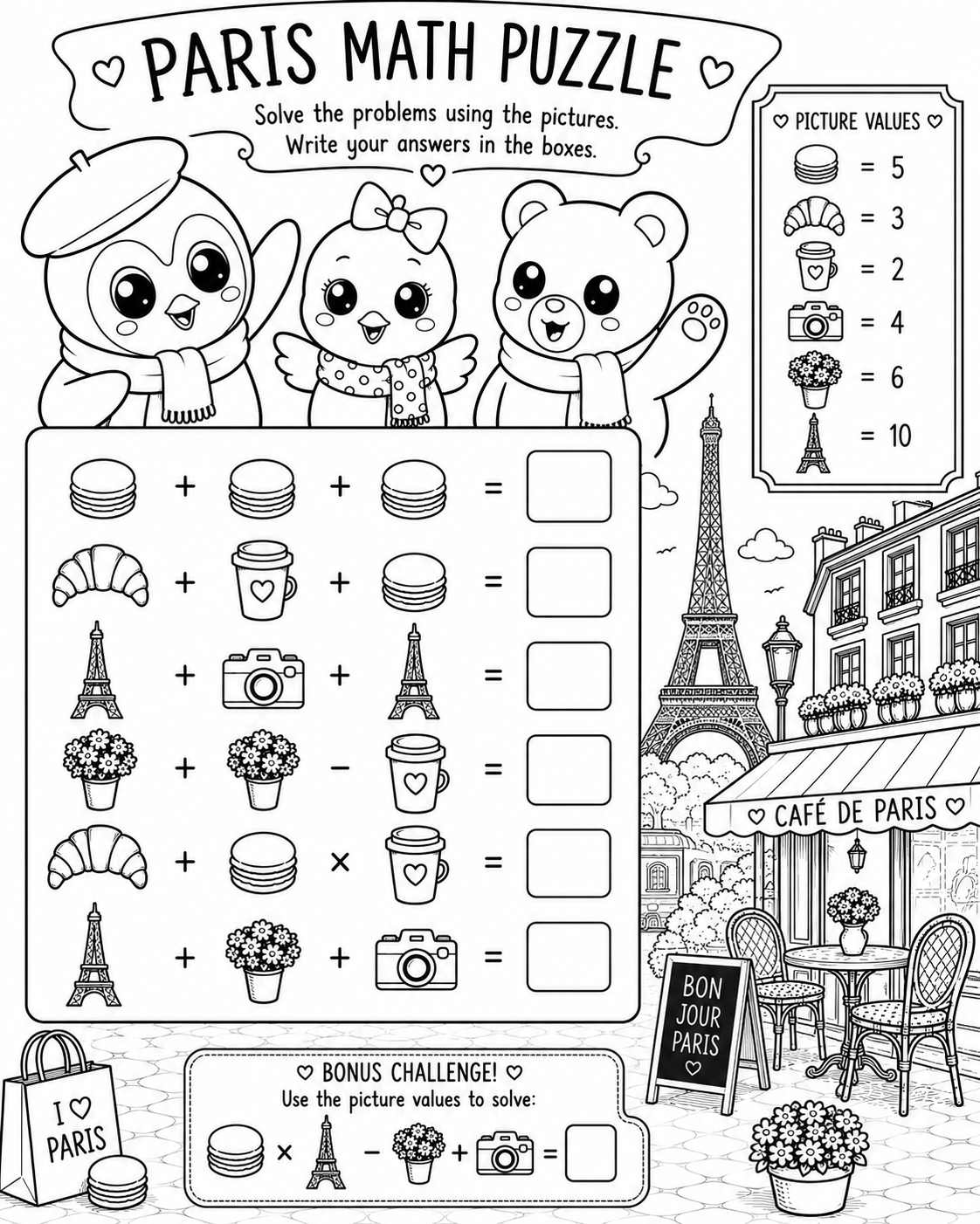 Paris Math Puzzle free printable math worksheet