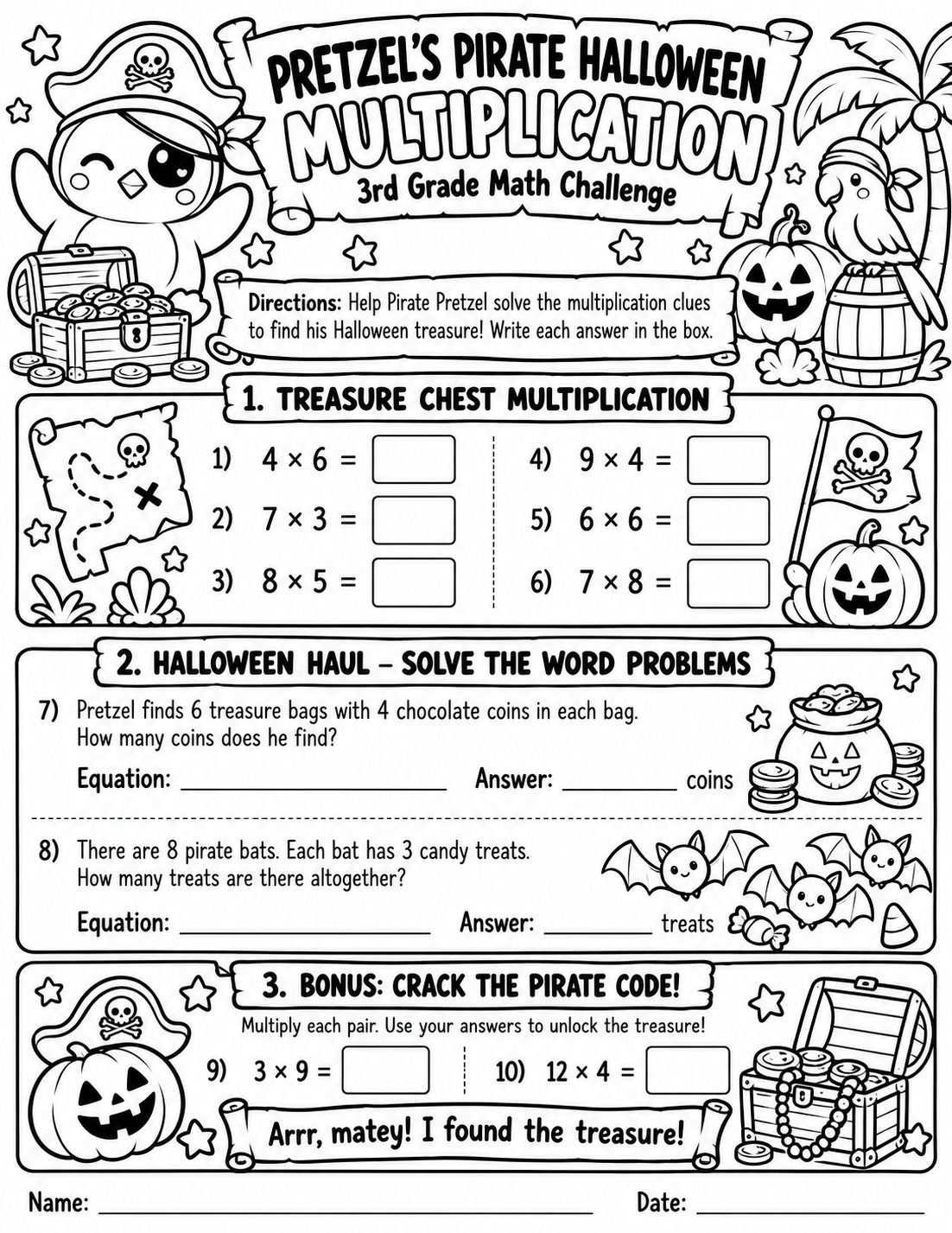 Pretzel's Pirate Halloween Multiplication free printable math worksheet